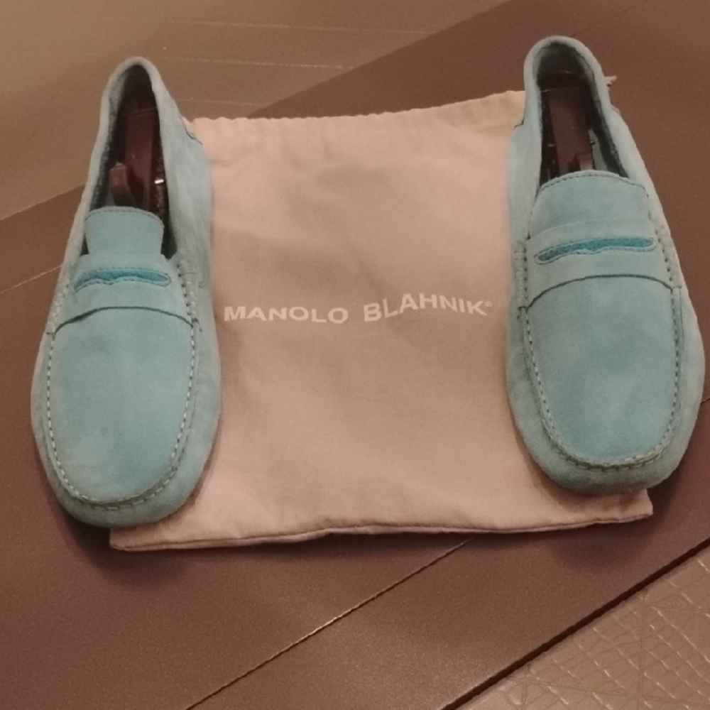 Manolo Blahnik Teal Suede Slip-On Loafers